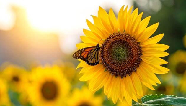 A vibrant sunflower with a monarch butterfly