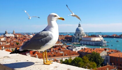 A seagull perches on a wall overlooking the Venetian cityscape, bathed in sunlight and showcasing the beautiful architecture of the Italian city.