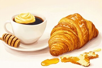 A cozy breakfast scene with a buttery croissant, a cup of black coffee topped with cream, and honey on the side.