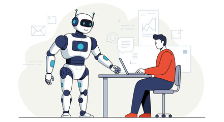 AI Robot Assisting Human in Office with Data Analysis