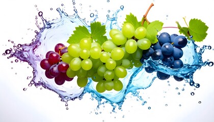Three grape varieties with leaves and water splash on a clean white background