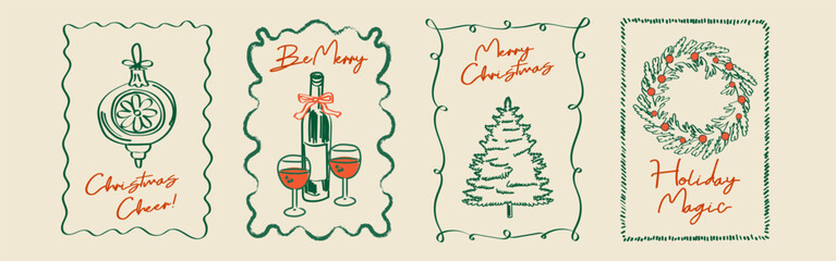 Hand drawn Christmas poster set. Retro vintage New Year doodle illustrations in minimalist line art style with holiday wreath, bows, Christmas tree, wine. Festive coquette vector design
