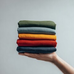 Hand holding a stack of folded clothes in various colors
