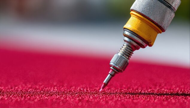 Close-up of a precise tool, likely a specialized drill or driver, puncturing a deep crimson surface