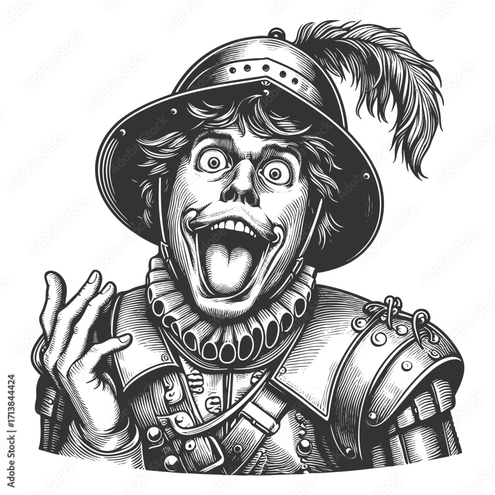 Aufkleber medieval knight in armor with feathered helmet, sticking out tongue in exaggerated humor sketch engr