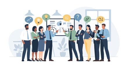 Business team standing in office discussing ideas, planning strategy, and collaborating on corporate project, symbolizing leadership and teamwork.