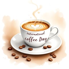 Obraz premium Watercolor illustration of a coffee cup with heart latte art and coffee beans on a soft brown background, featuring the text International Coffee Day, perfect for coffee celebration designs