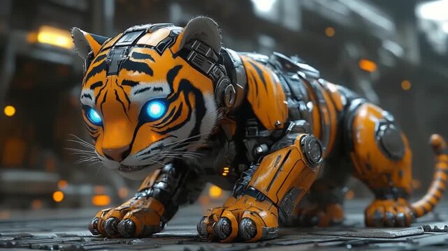 A mechanical tiger cub, with glowing blue eyes, crouches low in a futuristic cityscape.