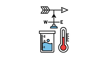 Digital illustration of scientific measurement and weather instruments, including a wind direction indicator, a laboratory beaker, and a thermometer, for data collection visuals