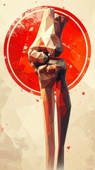 A stylized, geometric representation of a human knee joint, set against a backdrop of red circles and distressed textures.