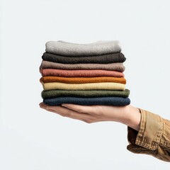 A hand holds a stack of folded garments in various colors against a plain background