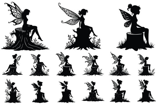 Collection of black silhouette fairies with intricate wings sitting on tree stumps