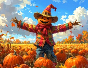 Cheerful scarecrow in a pumpkin patch