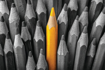 Yellow Pencil Stands Out Among Gray Pencils Represents Individuality Creativity and Standing Out From The Crowd Uniqueness Concept