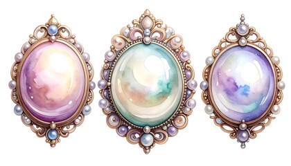 Three ornate, decorative pendants, showcasing iridescent gemstones set within detailed, gold-toned frames adorned with pearls, creating a captivating and luxurious visual.