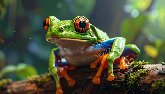 A vibrant, close-up of a stunning red-eyed tree frog perched on a branch, showcasing its bright green skin, vibrant orange accents, and striking red eyes against a blurred backdrop of lush greenery.