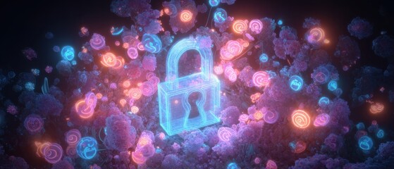 Glowing Neon Padlock Amidst Vibrant Digital Orbs - Cybersecurity  Data Protection Concept.