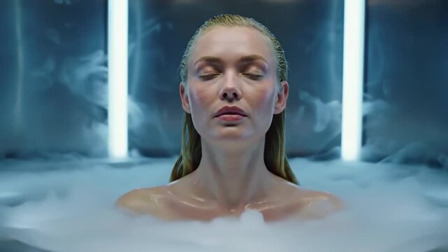 Relaxing Woman in a Futuristic Cryotherapy Spa