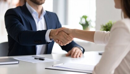 A Close-Up of a Caucasian Businessman Shaking Hands with a Female Applicant, Representing a Successful Business Agreement and Partnership