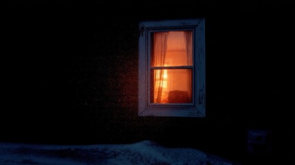 A Rustic Window's Warm Ember Glow Illuminates Swirling Snow on a Dark Winter Night.