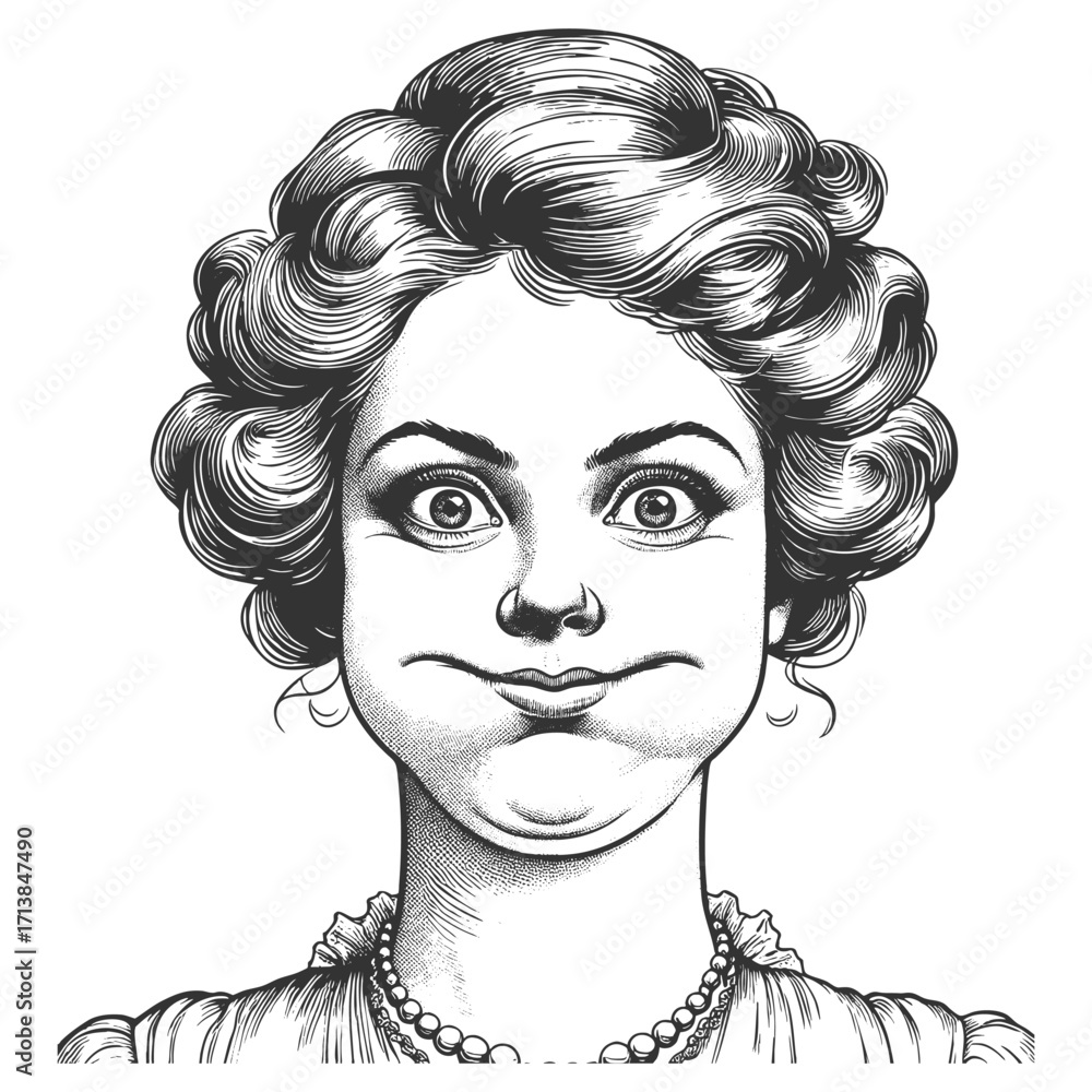 Poster woman with puffed cheeks and wide eyes, showing humorous expression and retro charm sketch engraving