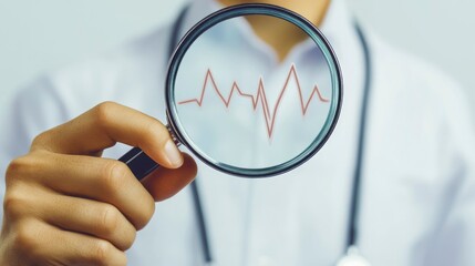 Doctor holding magnifying glass over heartbeat icon for health check  