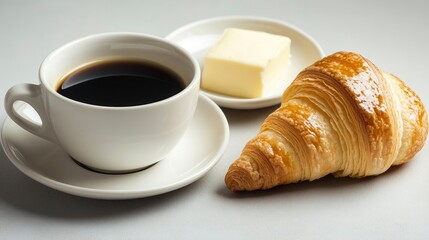Cup of black coffee with croissant and butter on gray background  