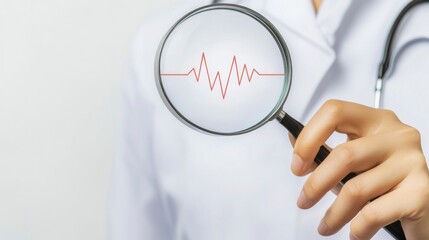 Doctor holding magnifying glass with heartbeat icon for heart check  