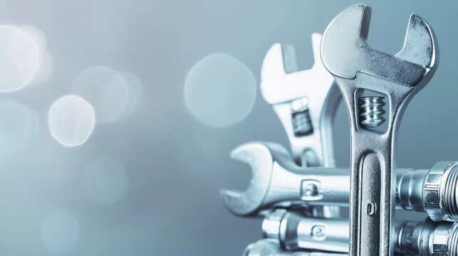 Shiny metal wrenches stacked creatively, showcasing tools for mechanics or DIY enthusiasts against a soft blue background.