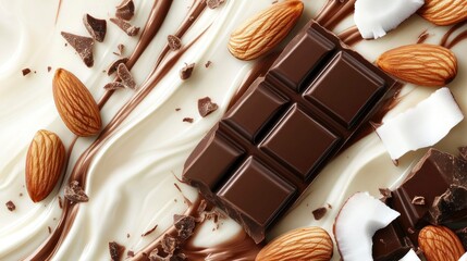Chocolate bar surrounded by coconut, almonds, and creamy background  