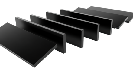 Six sleek, matte obsidian black data panels, dynamically layered with sharp edges on a seamless transparent, diffused studio light, geometric composition, modular data concept