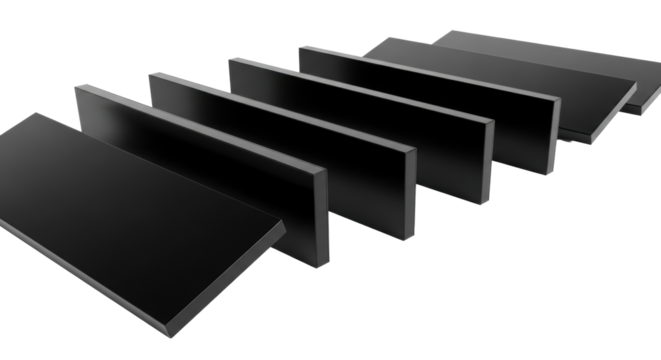 Six sleek, matte obsidian black data panels, dynamically layered with sharp edges on a seamless transparent, diffused studio light, geometric composition, modular data concept