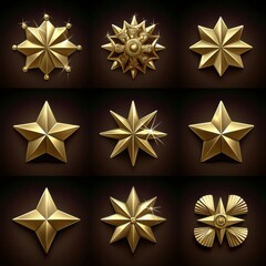 Obraz premium A collection of elegant golden star designs featuring various shapes and textures against a dark background.