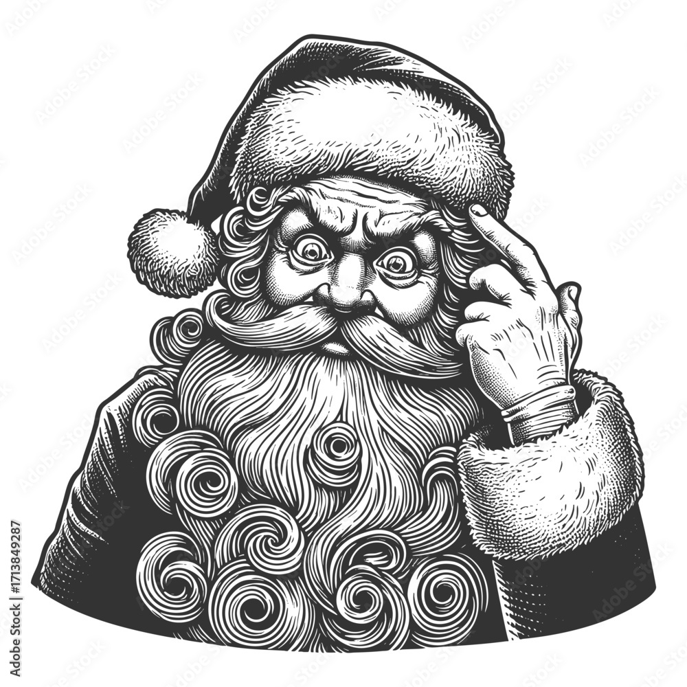 Poster santa claus with curly beard and hat, pointing to his head in a thoughtful gesture sketch engraving 