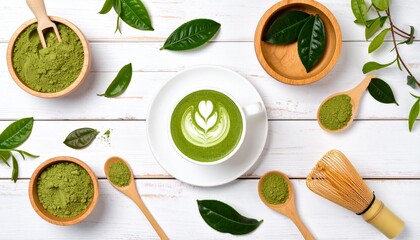 Matcha Delight A Vibrant Still Life with Green Tea Powder, Leaves, and Whisk on a White Background