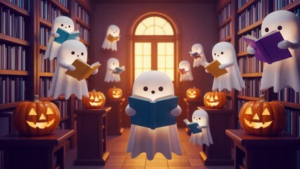 Spooky reading circle featuring cute ghosts and glowing pumpkins in a library setting, perfect for Halloween events or festive season promotions