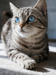 Naklejka premium Realistic close-up portrait of an adult cat with gray fur and blue eyes