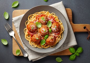 A delicious plate of spaghetti and meatballs, garnished with fresh basil and grated Parmesan cheese, served on a rustic wooden board.
