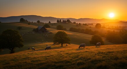 Golden hour light bathes a serene rural landscape, illuminating rolling hills and grazing cattle under a warm, glowing sky, creating an idyllic pastoral scene with misty distant mountains