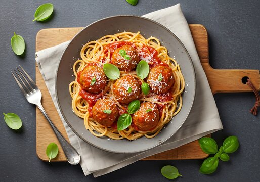 A delicious plate of spaghetti and meatballs, garnished with fresh basil and grated Parmesan cheese, served on a rustic wooden board.