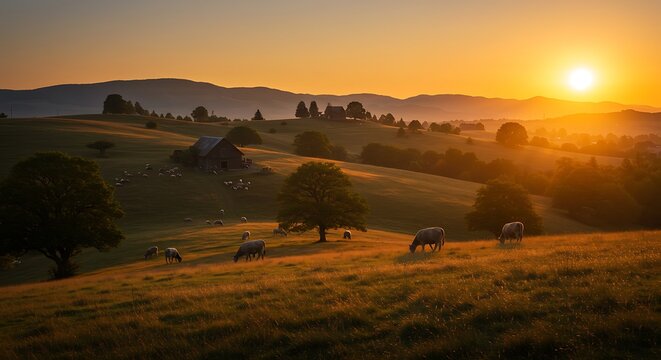 Golden hour light bathes a serene rural landscape, illuminating rolling hills and grazing cattle under a warm, glowing sky, creating an idyllic pastoral scene with misty distant mountains - Powered by Adobe