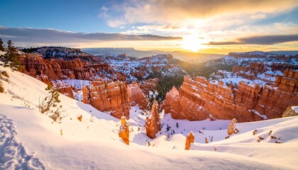 A breathtaking winter sunrise illuminates the snow-dusted hoodoos of Bryce Canyon National Park, showcasing the vibrant orange-red rock formations against a pristine white landscape.