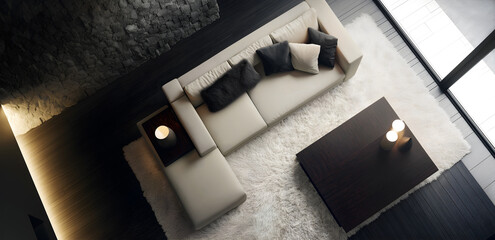 Creative interior concept. Living room with monochrome modern sofa couch, cushion, graphite wood table, brick stone wall, soft lighting. Template for product presentation. Mock up. overhead top view	
