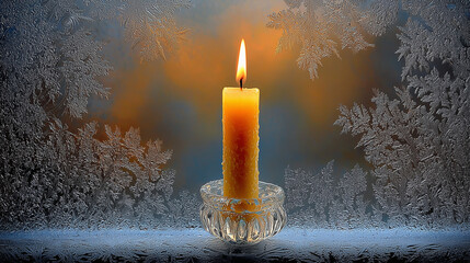 Single candle glowing on frosty window at dusk, concept of Winter Getaways  