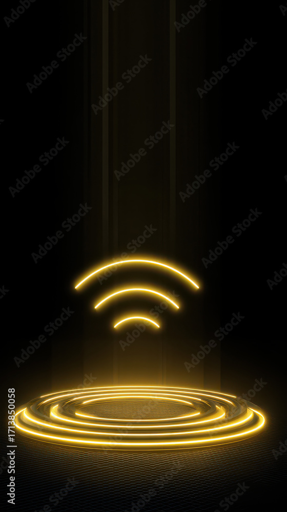 Poster illuminated wireless signal: a luminous digital depiction of a wireless signal emitting light agains