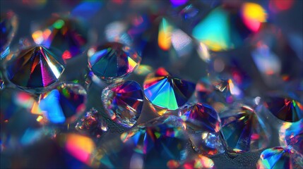Glimmering faceted shapes refract colorful light; abstract close-up of gemstone texture