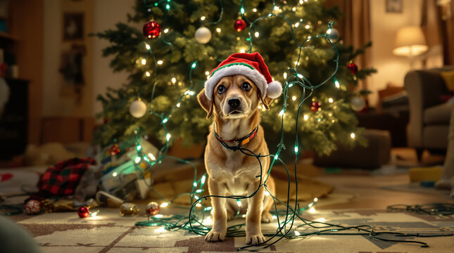 A dog gets its leash tangled in the Christmas tree lights, captured in a candid way