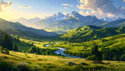 Obraz premium A verdant valley stretches beneath towering snow-capped mountains, bathed in the golden light of a serene sunrise.