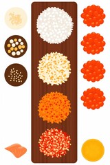 A colorful assortment of sushi toppings arranged on a wooden sushi board with a slice of salmon.