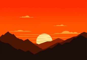 Fototapeta premium Illustration of a vibrant orange sunset over a mountainous landscape with layered peaks and scattered clouds.